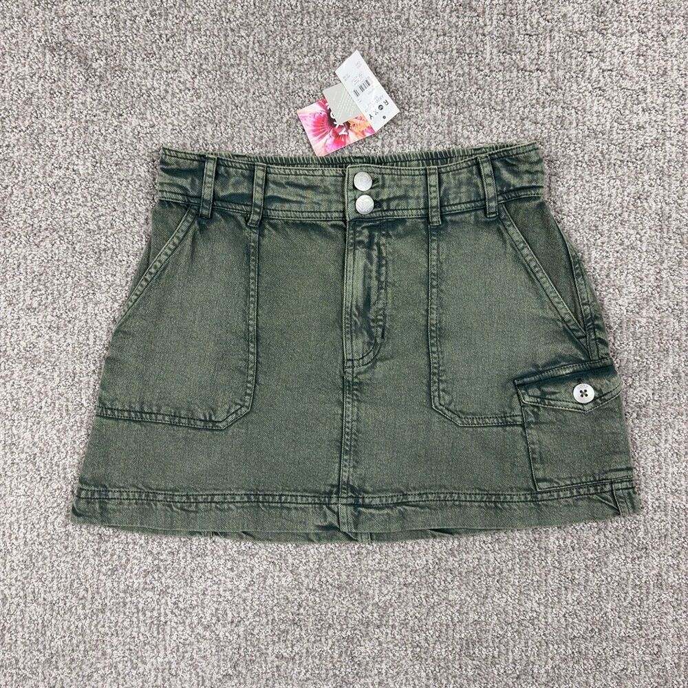 Roxy Skirt Womens Medium Green Denim Cargo Mini Pockets Casual Summer Beach